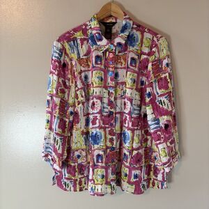 Ali Miles Colorful Artsy Geometric Button Up Top Abstract Maximalist Sz Large